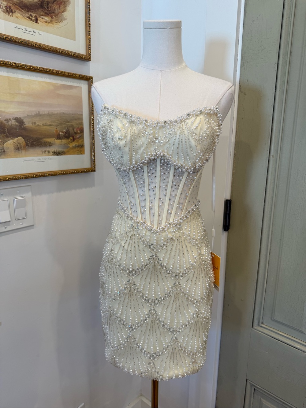 NWT Strapless Ivory Pearl-Embellished Mini Dress - Picture 5 of 10